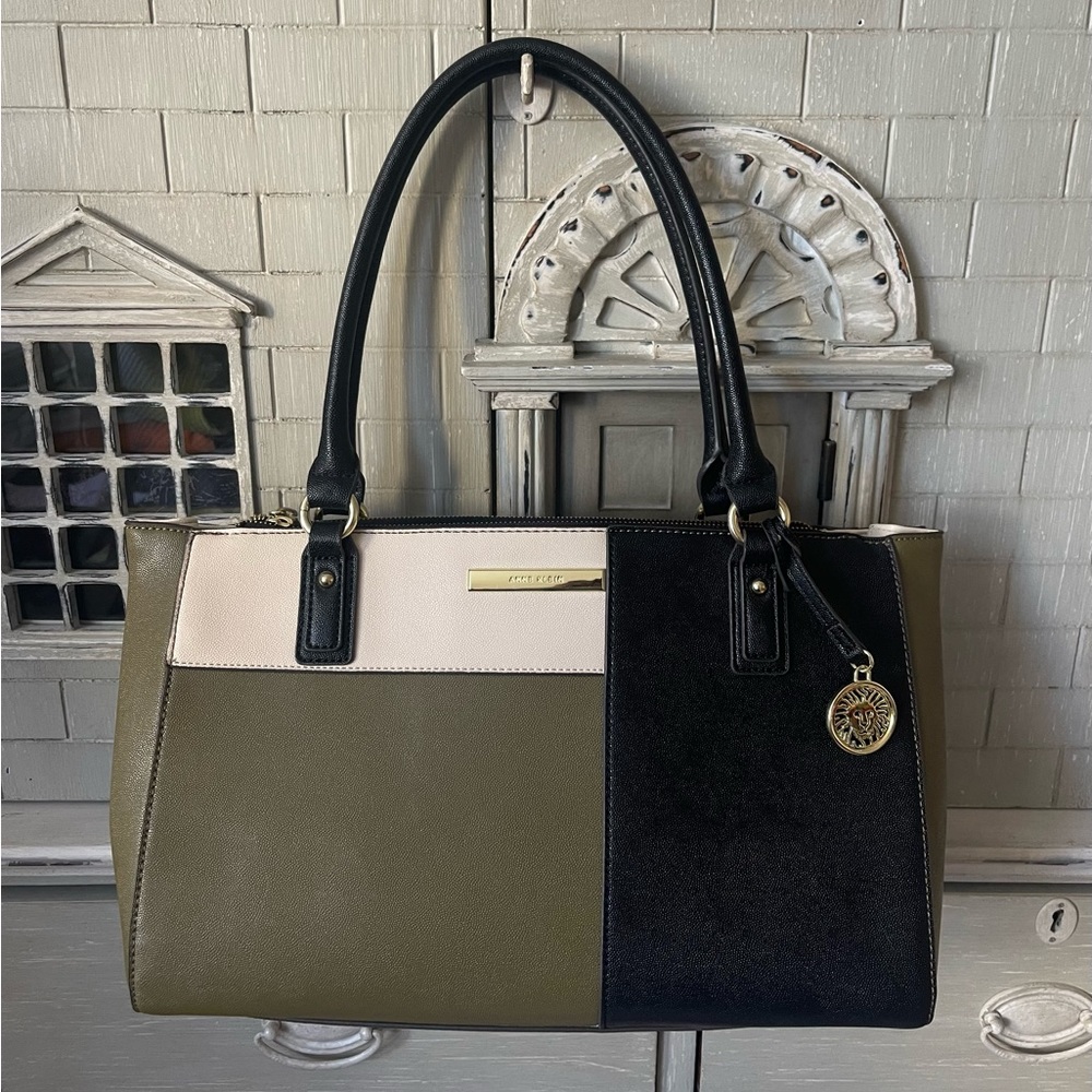 Anne Klein Olive Green Black and Cream Colorblock Tote